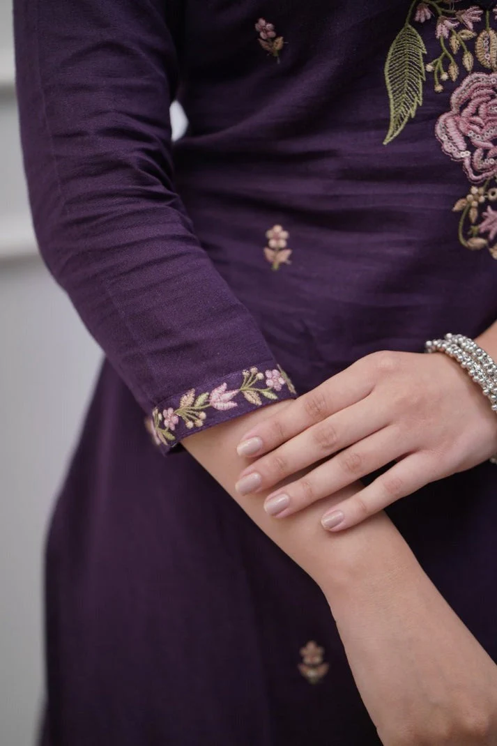 Pure Cotton Purple Embroidery Work Suit Set - Image 4