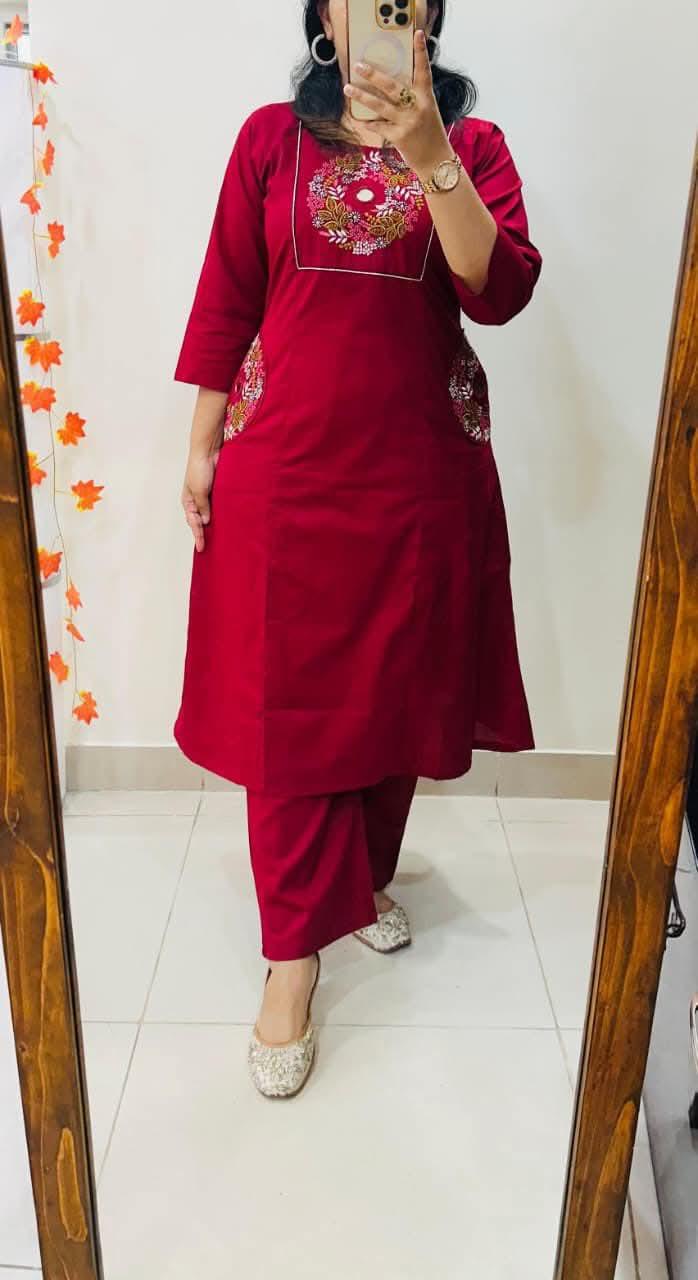Red Embroidered Straight Kurta Set - Image 2