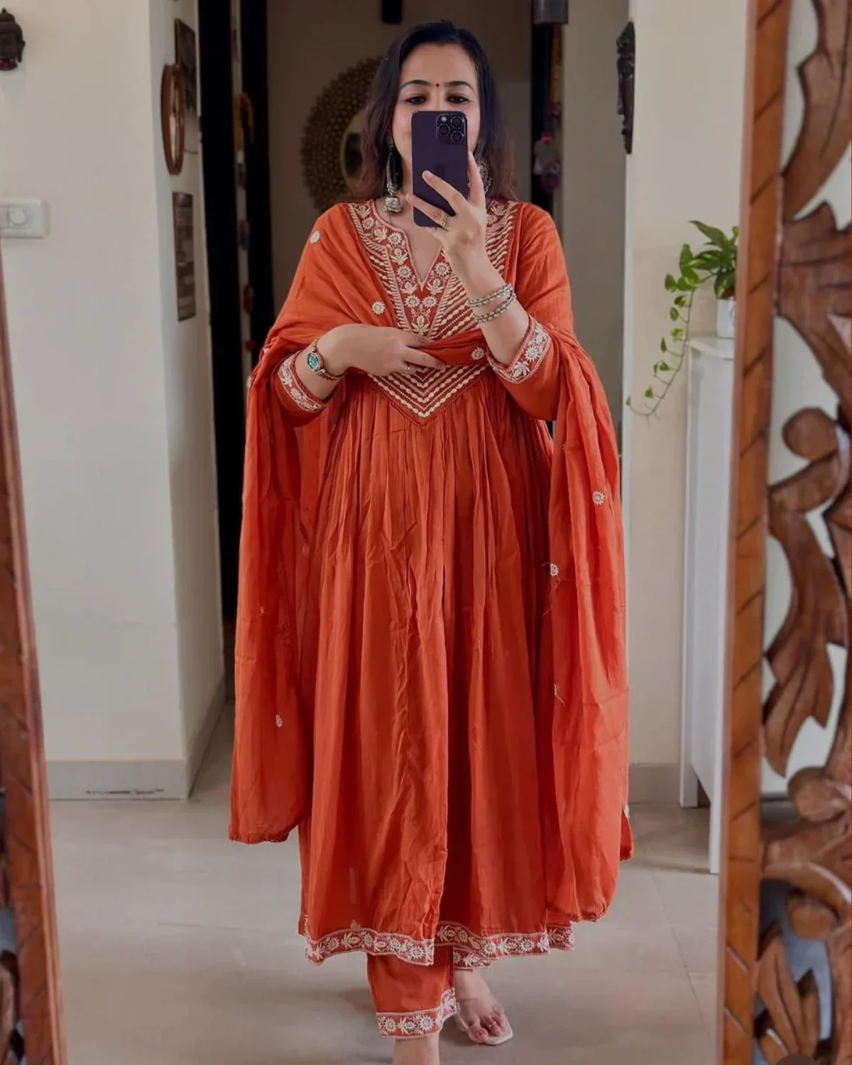 Rust Orange Embroidered Cotton Anarkali Set with Dupatta - Image 2