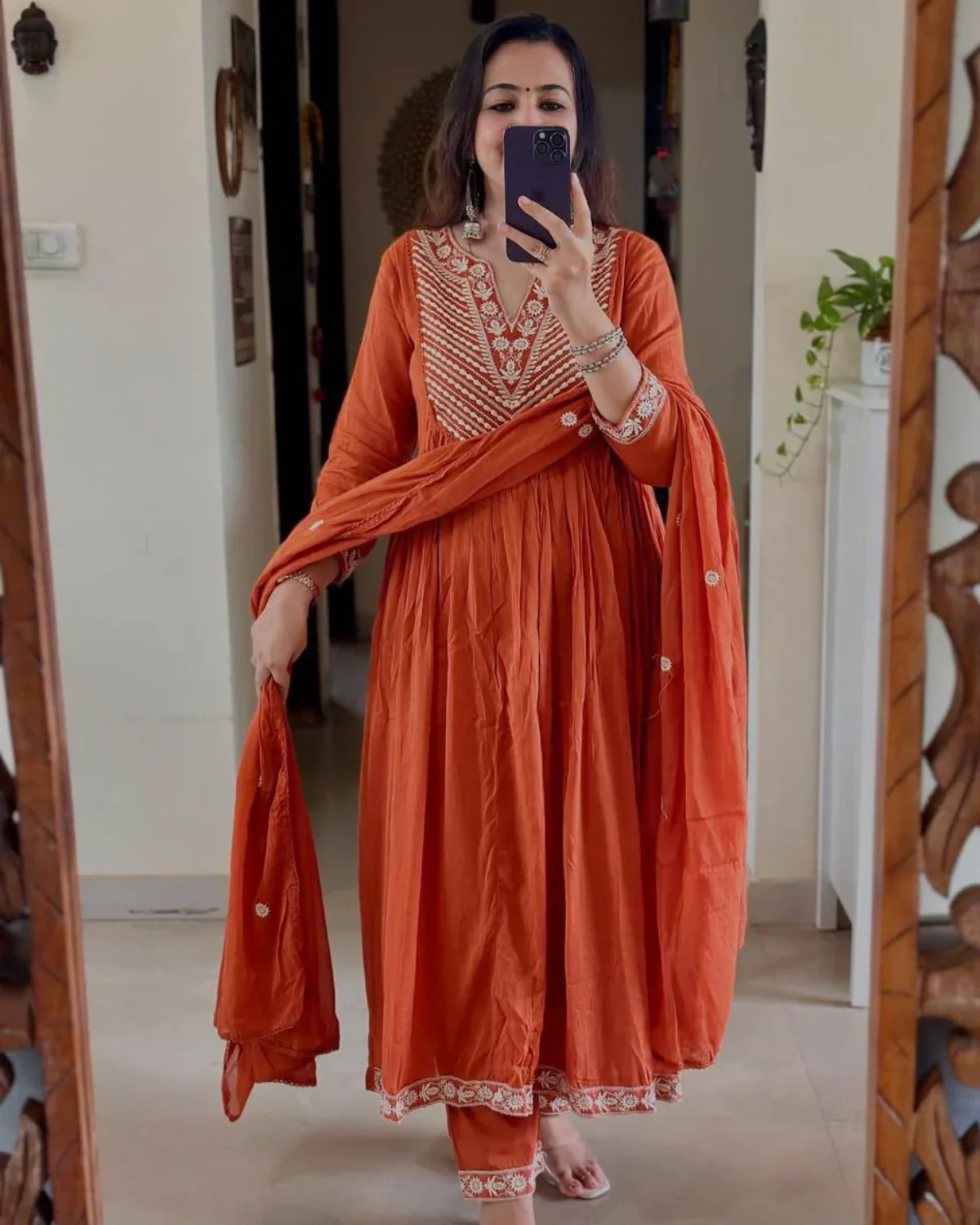 Rust Orange Embroidered Cotton Anarkali Set with Dupatta - Image 3