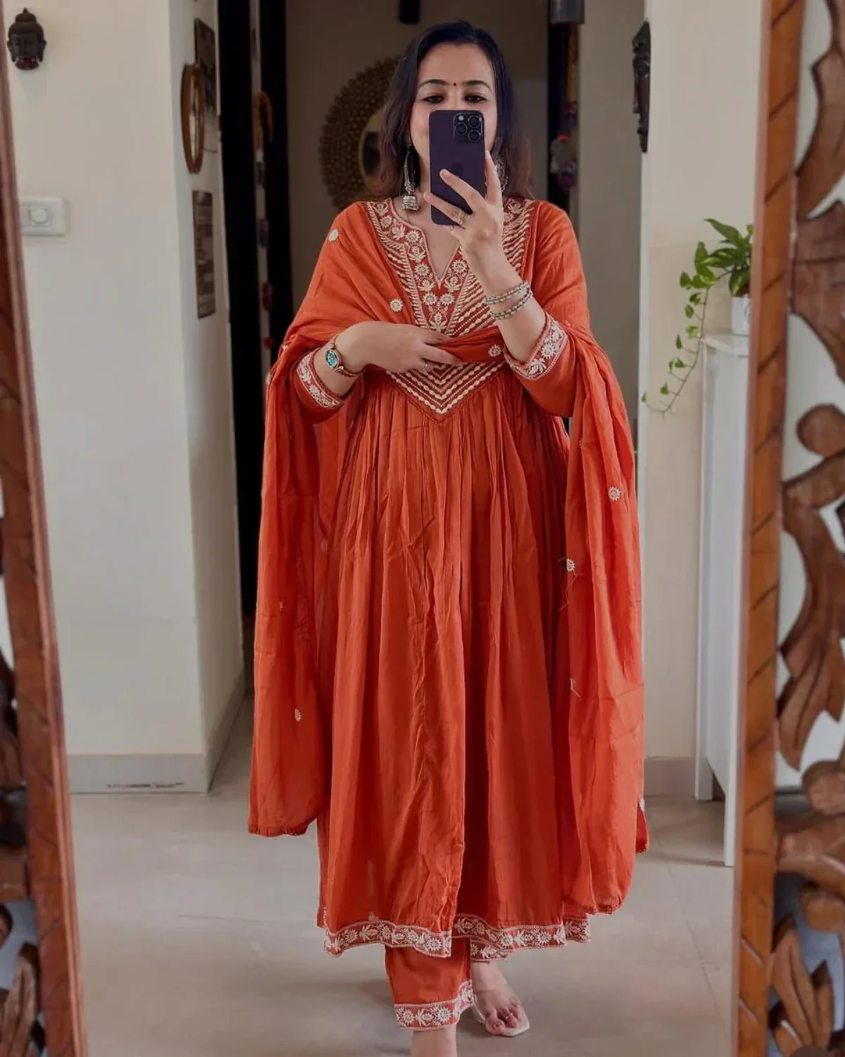 Rust Orange Embroidered Cotton Anarkali Set with Dupatta - Image 4