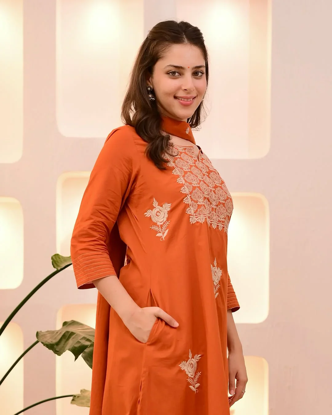 Rust Orange Embroidered Festive Kurta Set With Dupatta - Image 2