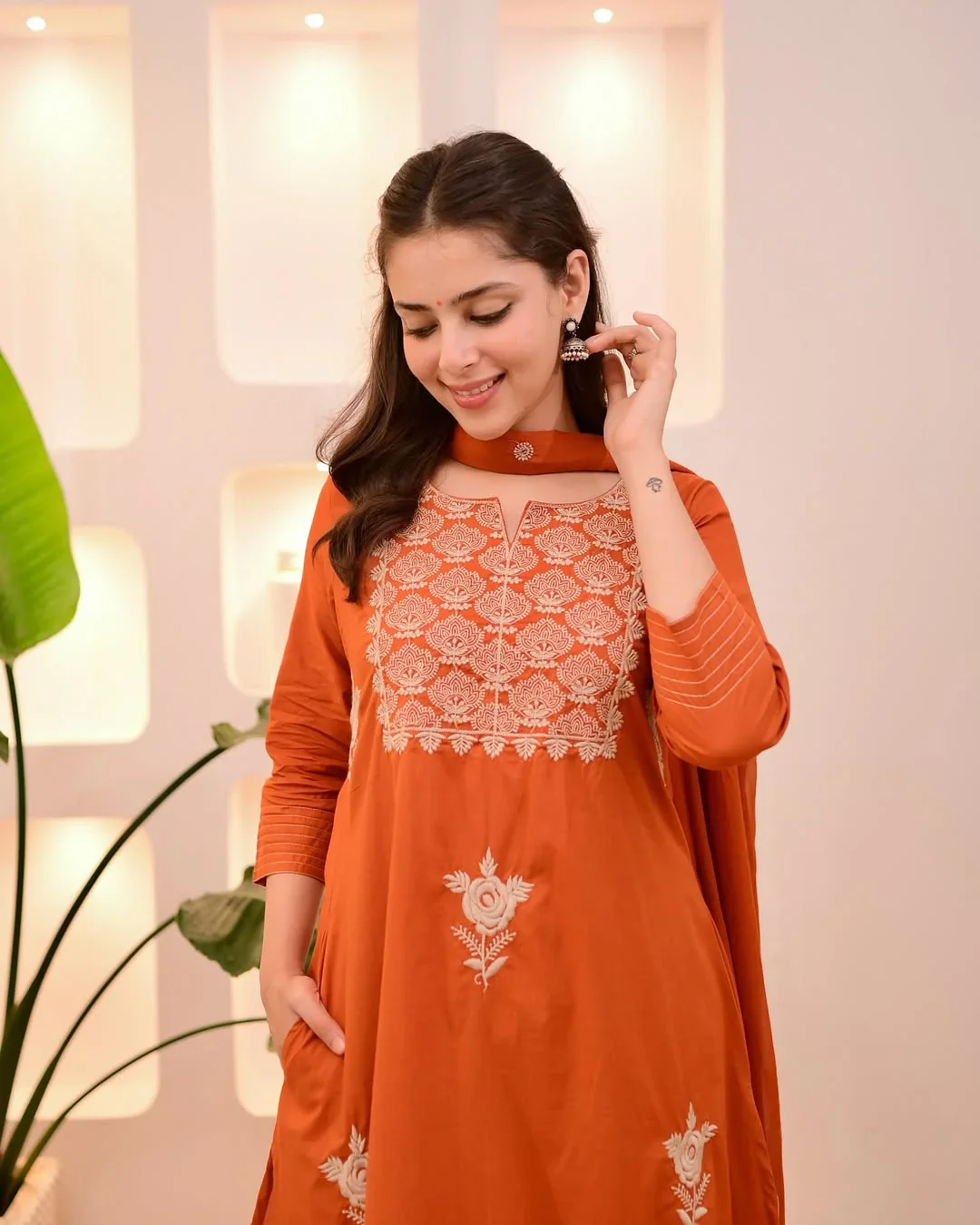 Rust Orange Embroidered Festive Kurta Set With Dupatta - Image 3