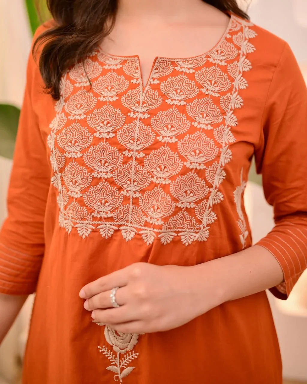 Rust Orange Embroidered Festive Kurta Set With Dupatta - Image 4