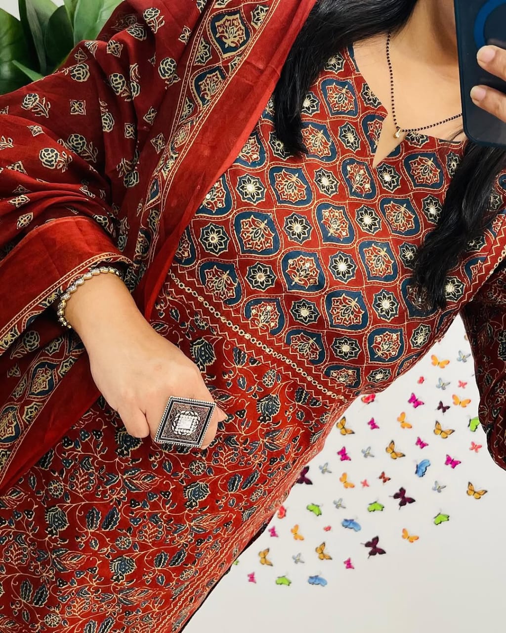 Rust Red Ethnic Printed Kurta Set with Dupatta - Image 2