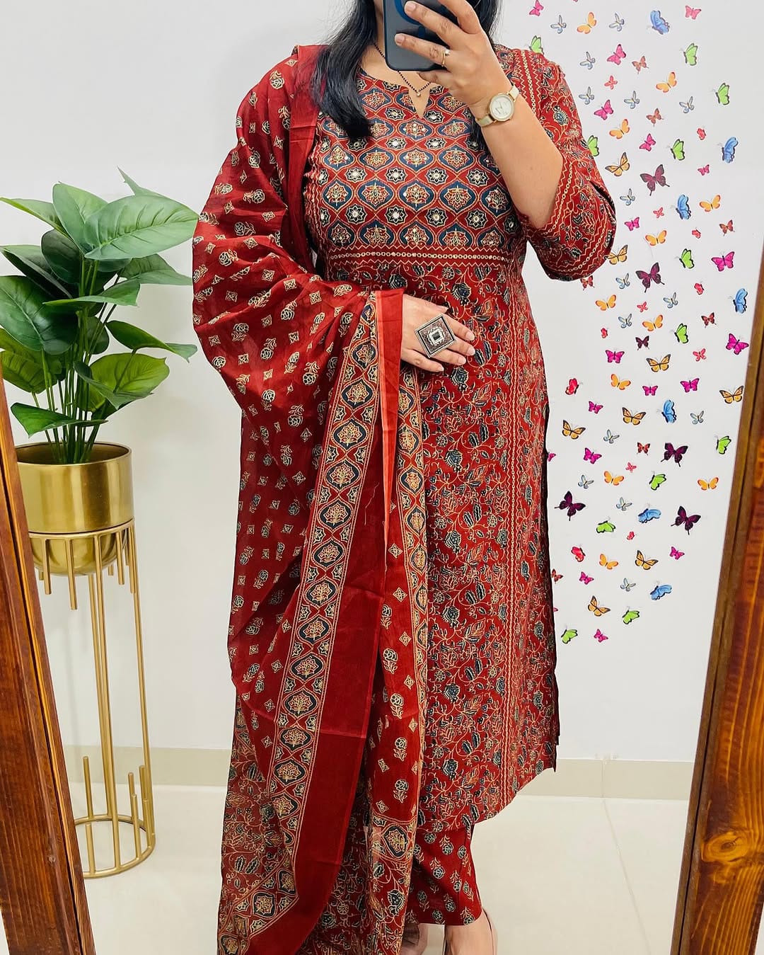 Rust Red Ethnic Printed Kurta Set with Dupatta - Image 3