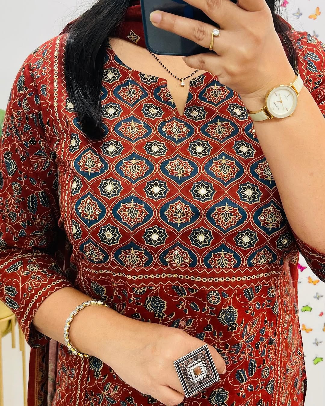 Rust Red Ethnic Printed Kurta Set with Dupatta - Image 4