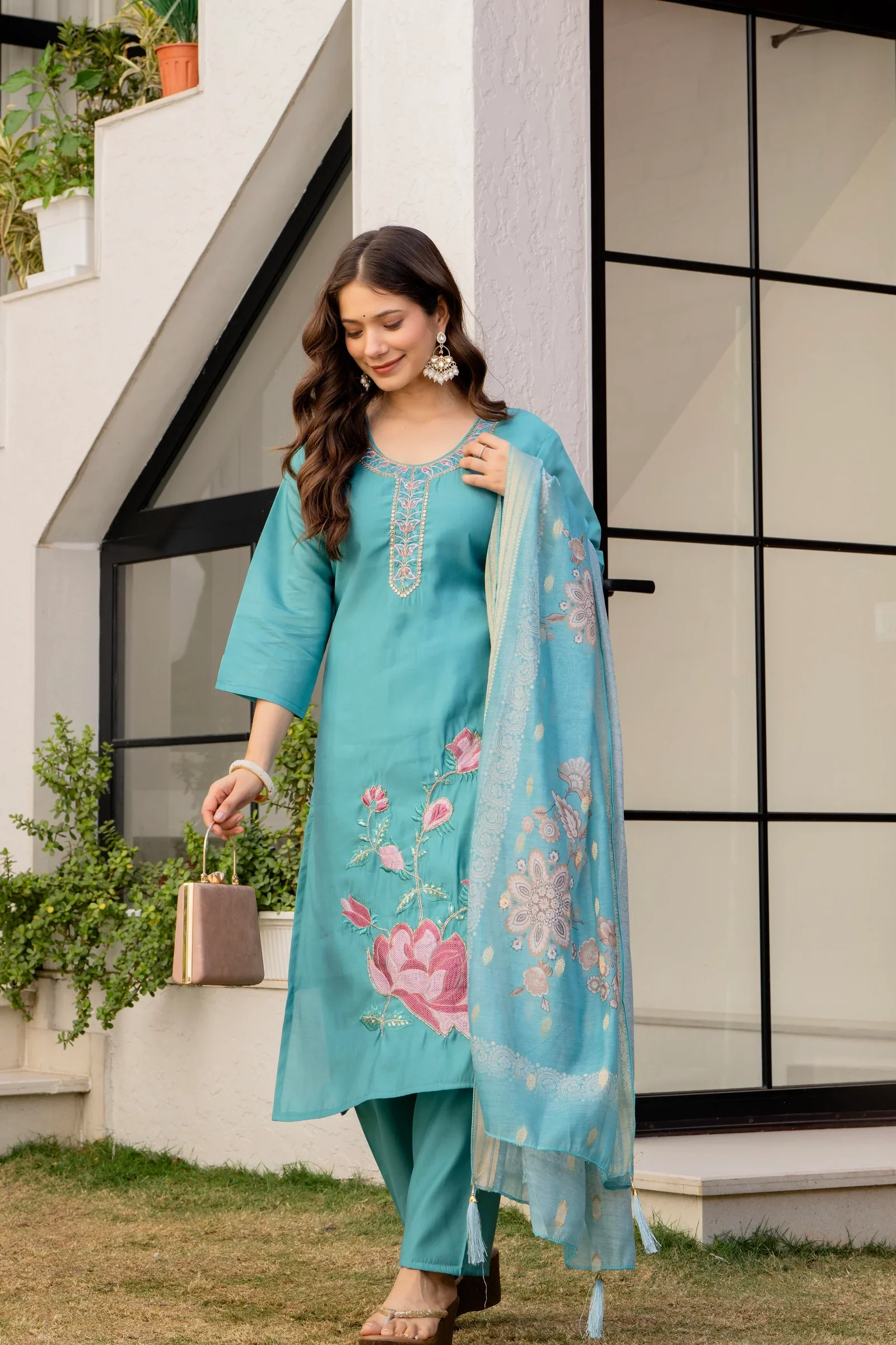 Teal Blue Embroidered Kurta Set with Floral Dupatta - Image 3