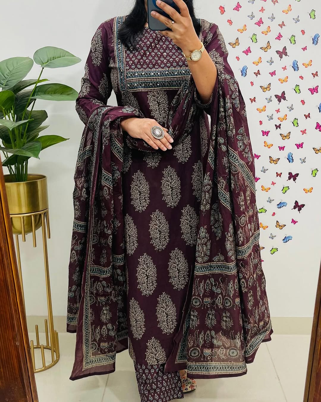 Wine Ajrakh Printed Kurta Pant Dupatta Set - Image 2