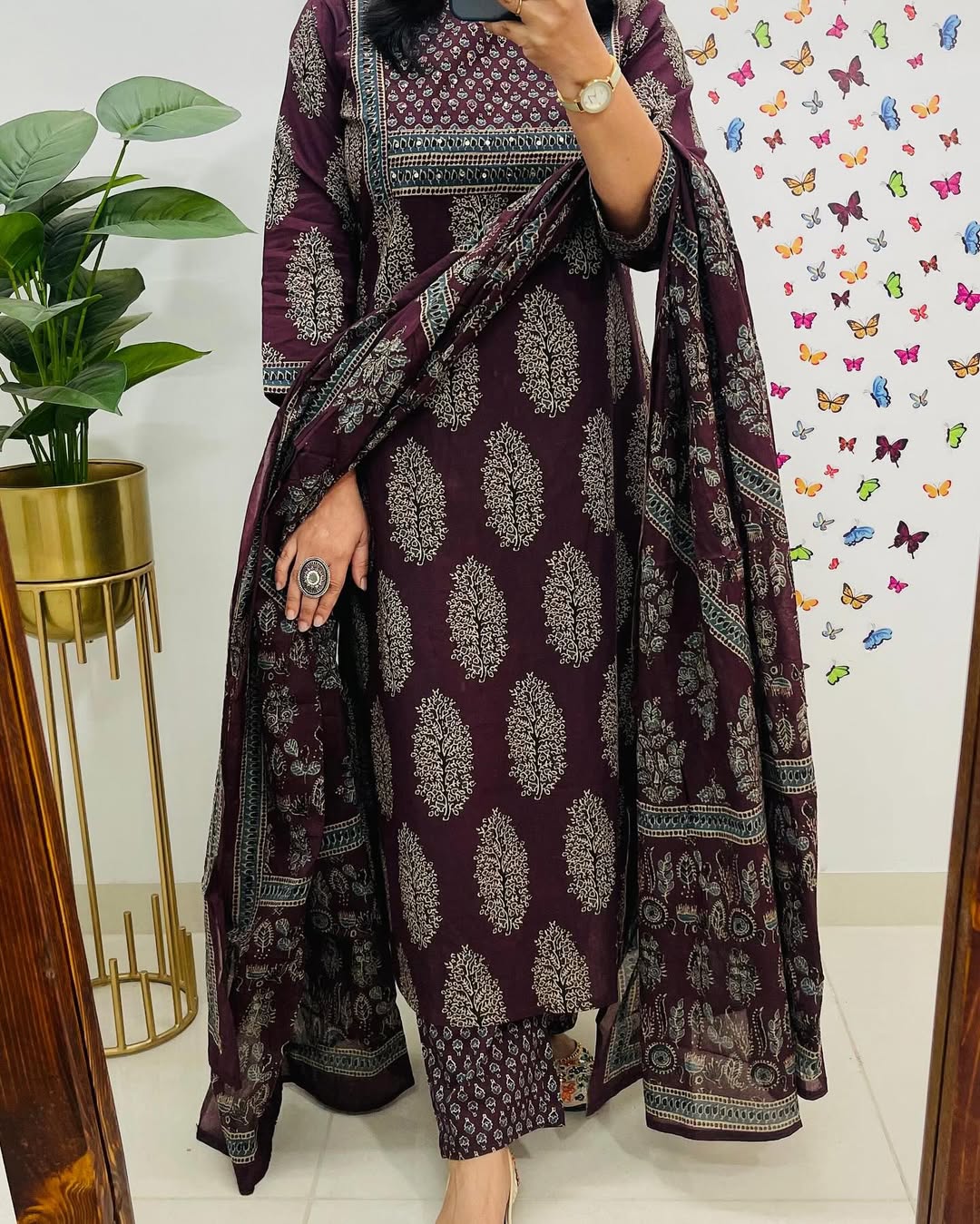 Wine Ajrakh Printed Kurta Pant Dupatta Set - Image 3