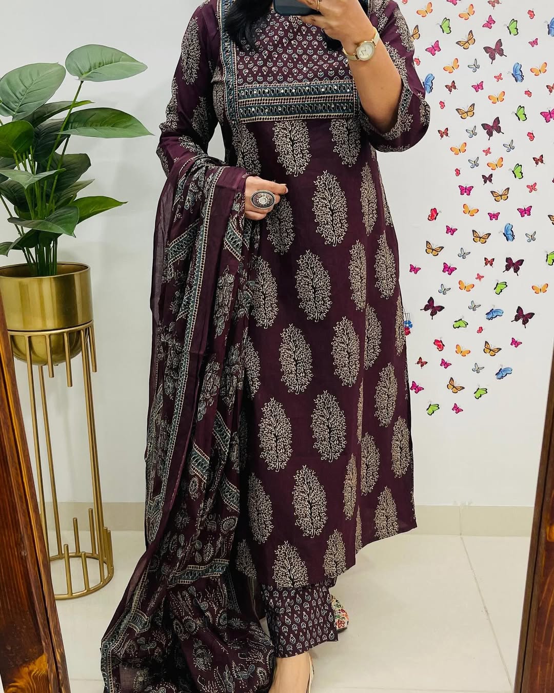 Wine Ajrakh Printed Kurta Pant Dupatta Set - Image 4