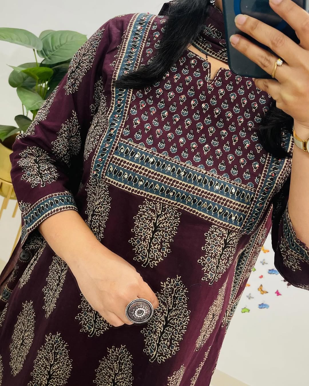 Wine Ajrakh Printed Kurta Pant Dupatta Set - Image 5