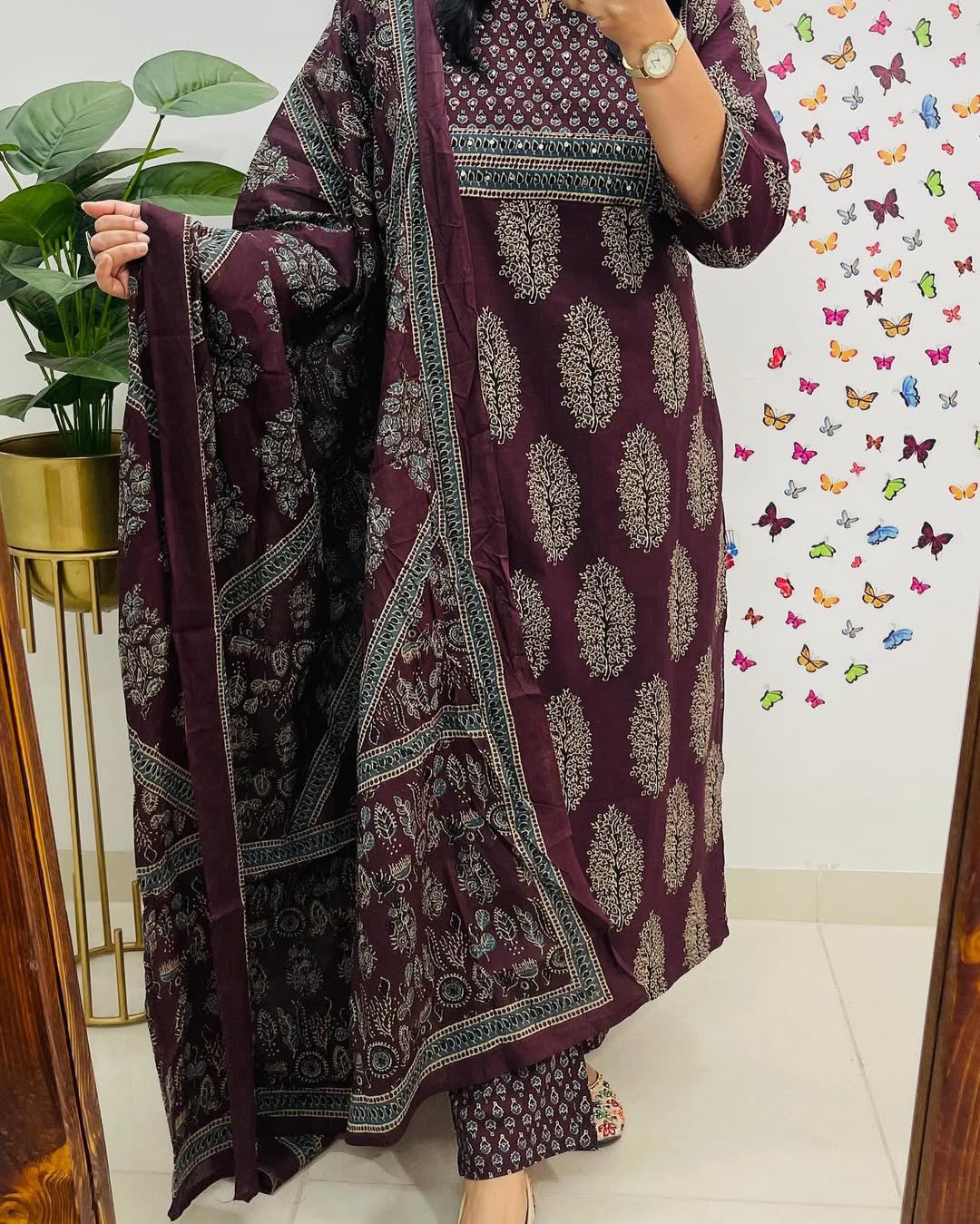 Wine Ajrakh Printed Kurta Pant Dupatta Set - Image 6