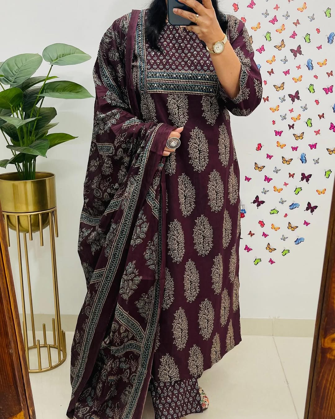Wine Ajrakh Printed Kurta Pant Dupatta Set - Image 7