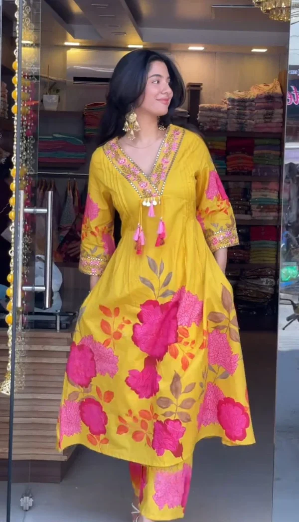 Women’s Yellow Cotton Floral Printed Anarkali Kurta with Tassel Detailing - Image 2