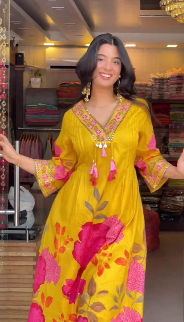Women’s Yellow Cotton Floral Printed Anarkali Kurta with Tassel Detailing - Image 3