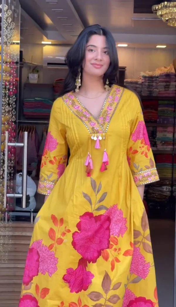 Women’s Yellow Cotton Floral Printed Anarkali Kurta with Tassel Detailing - Image 4