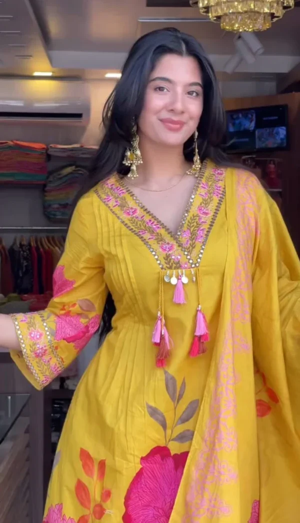 Women’s Yellow Cotton Floral Printed Anarkali Kurta with Tassel Detailing - Image 5