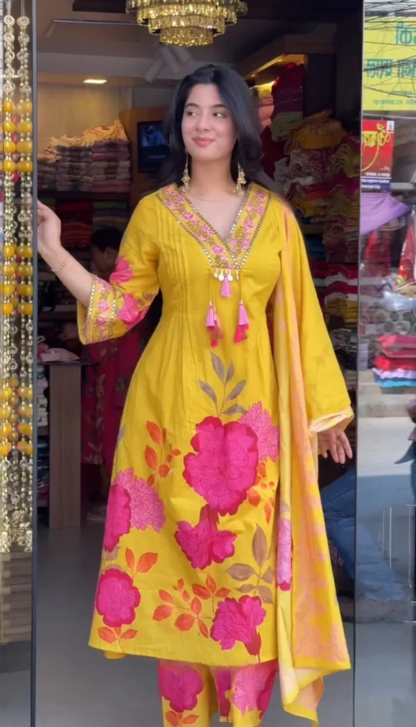 Women’s Yellow Cotton Floral Printed Anarkali Kurta with Tassel Detailing - Image 6